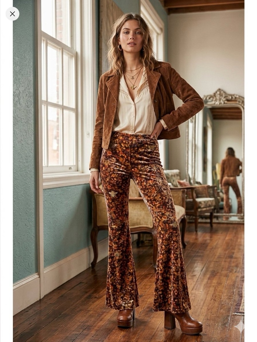 Free People Olive & Brown Patterned Flare Pants